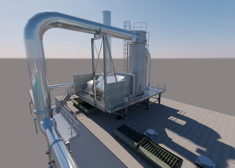 Visualisatie van naverbrander, met staal, bordessen en ducting