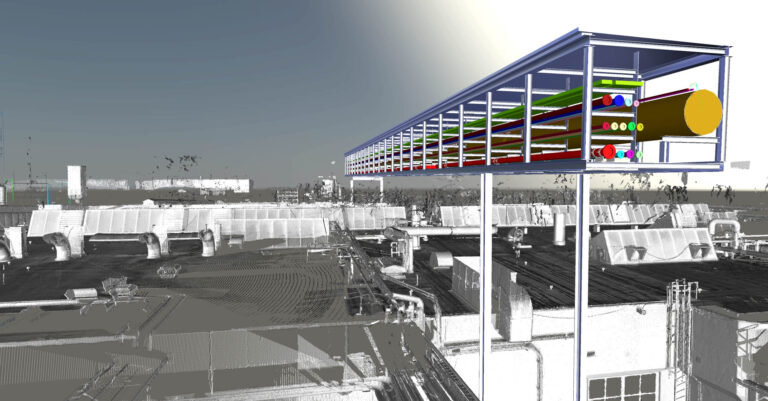 impressie van prefab pijpenbrug die uiteinlijk werd geplaatst over bestaande productie hal