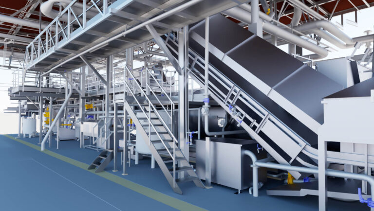Visualistatie van Stukje productielijn, met Equipement , piping